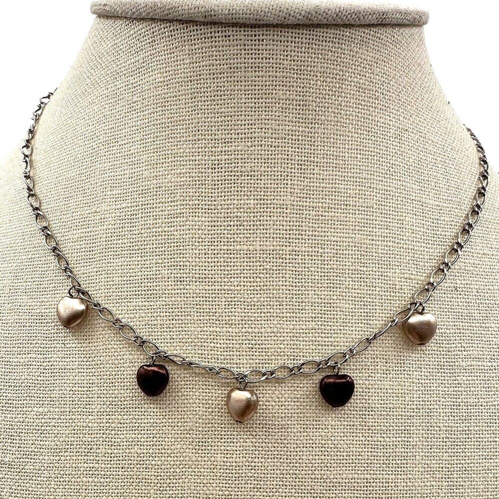 Vintage Y2K Silver Tone Multi Heart Charm Necklace Retro Women's Classic Jewelry